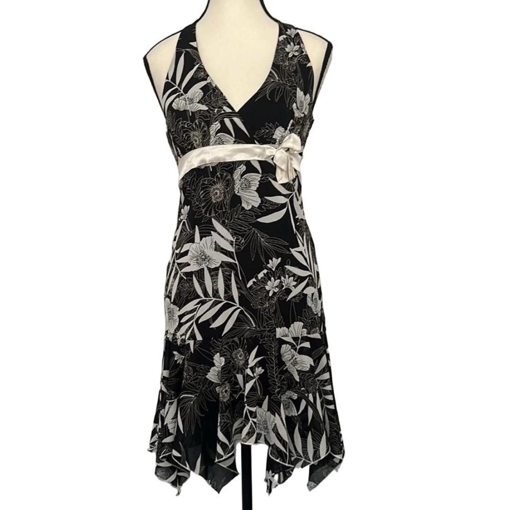 Jodi Kristopher Vintage Y2K Halter Dress Black White Floral Size Small